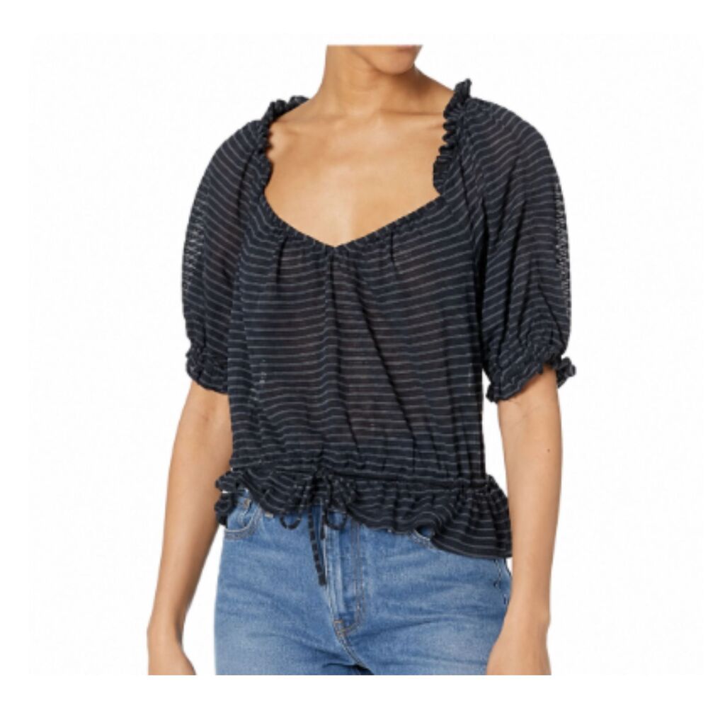 Free People Womens S Dorothy Ruffle Stripe Knit Top Black NWT